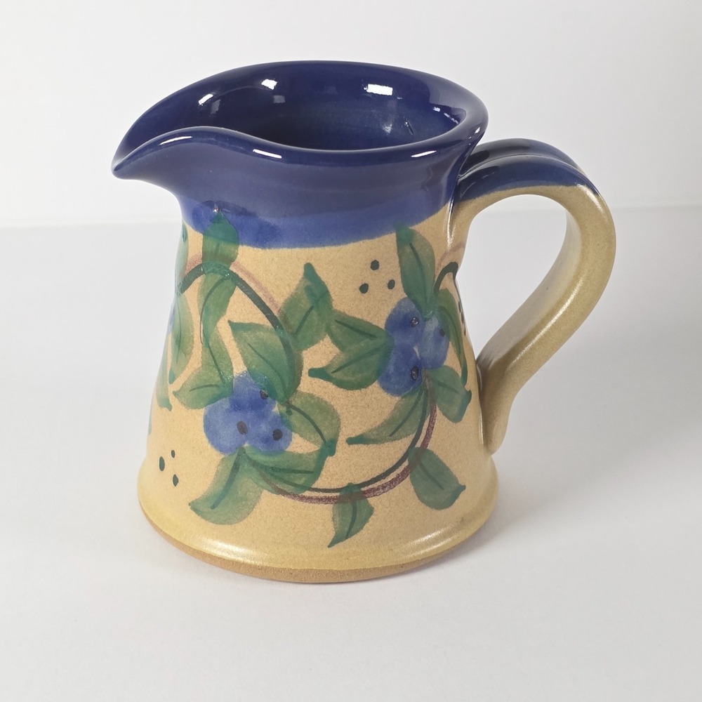 Hand Painted Ceramic Creamer Pitcher Blue Floral Cottagecore Rustic Jug 4"